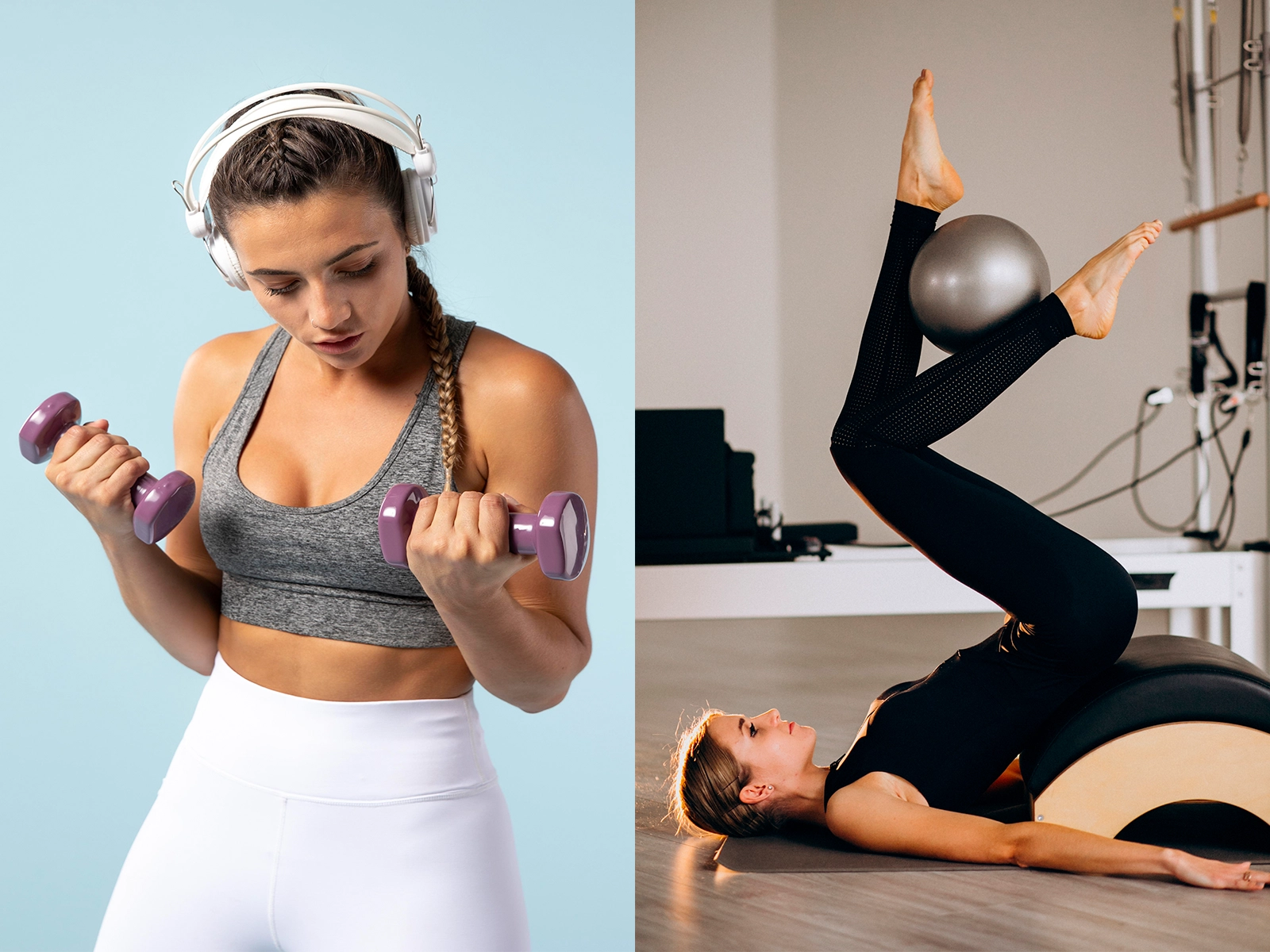 Image article de blog Pilates vs musculation - personne sportive s'entraînant en musculation, et personne sportive faisant du pilate